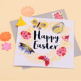 Claire Giles Tassel Embellished Easter Greeting Card, Butterfly & Egg Wreath, Happy Easter, EBL004