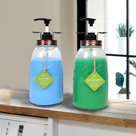 Glass Laundry Detergent Dispenser, Besuerte Two 50oz Large Glass Bottles with Pump, Farmhouse Mason Jar Laundry Soap Dispenser with Pumping Aid and Bronzer Lid, Laundry Containers For Liquid Detergent