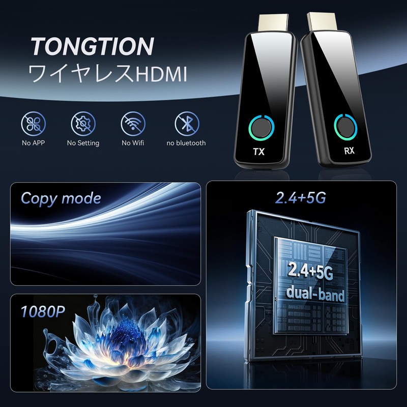 Tongtion Wireless hdmi Transmitter and Receiver Set, Wireless, Small, Equipped