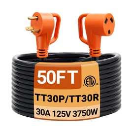 50 FT 30 Amp RV Extension Cord, 125V Heavy Duty 10/3 Gauge STW Weatherproof Power Cord with Grip Handle & Organizer, NEMA TT-30P to TT-30R for Camper Trailer EV Charging