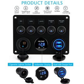 Gebildet 5 Speed Multifunction 5-Speed Rocker Dual USB Charger + Digital Voltmeter + 12V Socket, Pre-Wired Switch Panel with Circuit Breakers for Motorhome, Car, Boat, Truck, Trailer