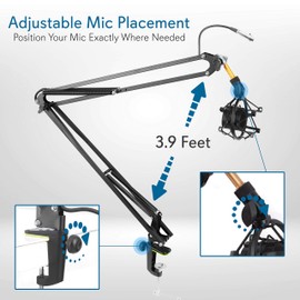 Pyle Suspension Mic Boom Stand Pro - Scissor Spring Arm Microphone Stand with Shock Mount, Adjustable Tilt & Extension, Perfect for Podcasts, Streaming, DJ Studio, Extends 3.9 ft