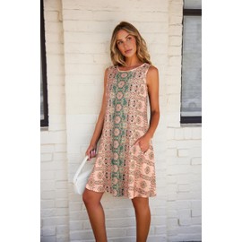 Sundress for Women Floral Bohemian Dress Sleeveless Loose Aline Beach Cover Up(Pink Boho Flower,L)