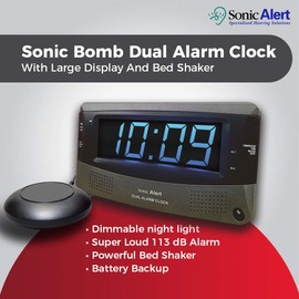 Sonic Alert Dual Extra Loud Alarm Clock with Bed Shaker | Sonic Boom Vibrating Alarm Clock for Heavy Sleepers, Battery Backup | Wake with a Shake