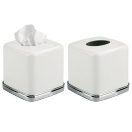 iDesign Square Tissue Box Cover for Bathroom Vanity, Countertop, or Bedroom - Set of 2 - White/Chrome
