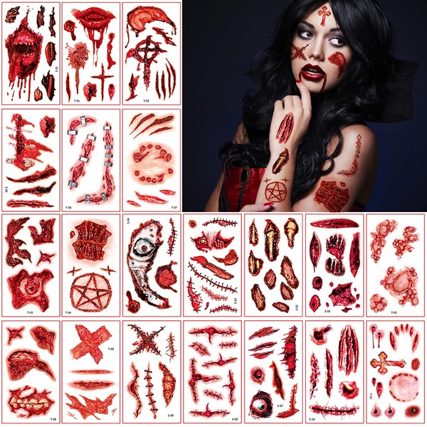 20 Sheets Halloween Temporary Tattoos, Halloween Scars Zombie Tattoo Stickers with Realistic Looking Scary Bloody Children Adults Makeup Props Halloween Party Decoration Cosplay Accessories