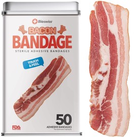 BioSwiss Bandages, Bacon Shaped Self Adhesive Bandage, Latex Free Sterile Wound Care, Fun First Aid Kit Supplies for Kids, 50 Count