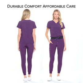 Dagacci Medical Uniform Women and Men Unisex 4-Way Stretch Jogger Scrub Set, Egg Plant, S