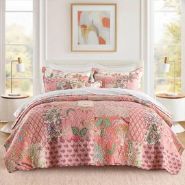Etwel Queen Quilt Bedding Set Patchwork, Cotton Bedspread Coverlet Lightweight, Floral Pink Comforter for All Season, Soft Reversible Bed Cover with 2 Pillow Shams