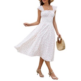 ZTMZA Women's 2025 Summer Flowy Maxi Dresses Casual Ruffle Sleeve Square Neck Smocked Waist Beach Vacation A Line Long Dress White Floral, Large