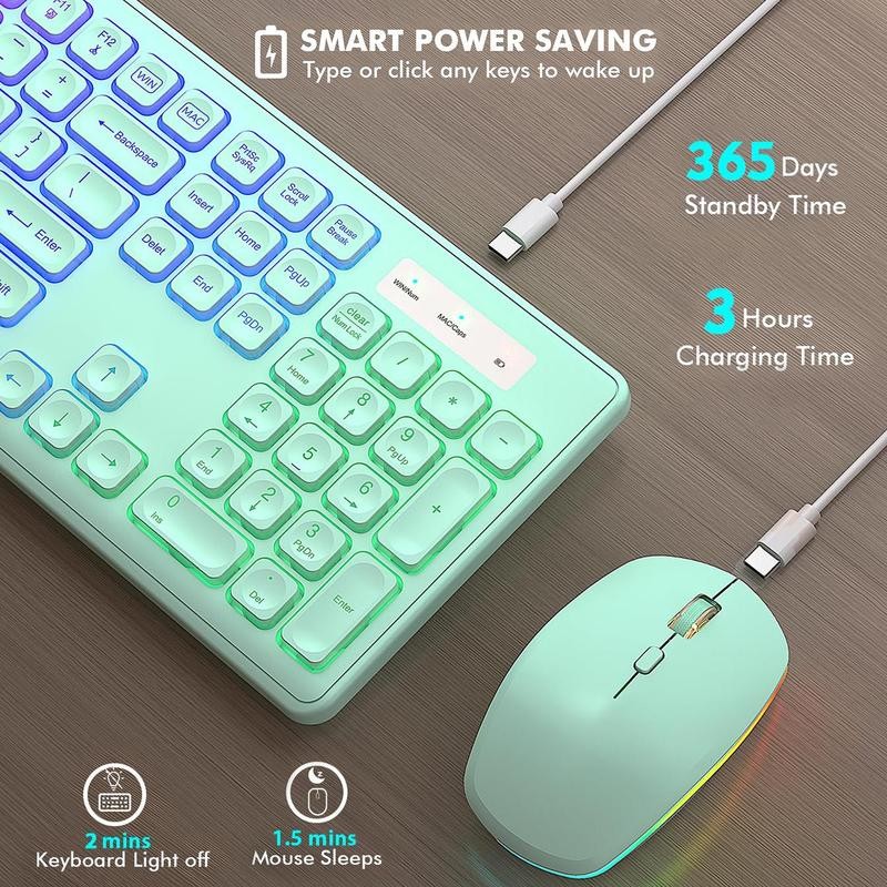 Wireless Keyboard & Mouse Combo, RGB Backlit USB Rechargeable Ergonomic