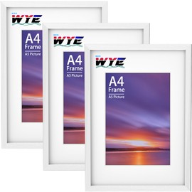 wyewye A4 Picture Frames Pack of 3 Wooden A4 Picture Frames with Stand, Table or Wall Hanging, A4 White Frame with A5 Mount, Document Frame with Plexiglass Window, White