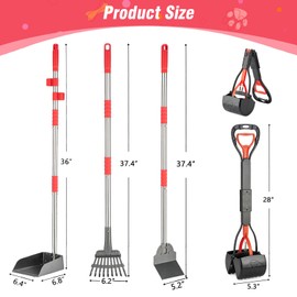 FUSBUNTY Dog Pooper Scooper, Long Handle Pooper Scooper Set with Heavy Duty Stainless Steel Rake, Tray & Spade and 28" Foldable Claw Design Poop Scoop for Pet Waste Removal on Grass, Gravel