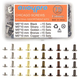 75 Sets Chicago Screws Assorted Kit 5 Color Leather Rivets Screw Rivets Flat Fillister Book Binding Posts Nail Rivet Chicago Bolts for DIY Leather Craft Black Silver Golden Bronze (Colours 5×10mm)