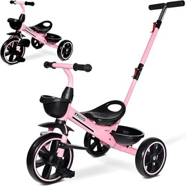 KRIDDO 2-in-1 Toddler Tricycle for Ages 18 Months to 5 Years Old - Extended Push Handle for Effortless Push, Gift Trike for Toddler 3 to 5 Year, Kids Tricycle with Foldable Front Footrest, Pink