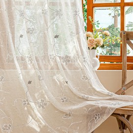 AmHoo 2 Panels Linen Floral Leaf Embroidered Semi Sheer Curtain Farmhouse Voile Curtains for Living Room Bedroom Window Treatment Light Gray 52 x 63 Inch