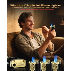 All-in-one Torch Lighter with Straight Sharp Tool, Built-in Punch, Holder, Draw Enhancer Tool, Triple Jet Flame Windproof Lighters, Refillable Lighters with Multifunctional Accessories, Gifts for Men