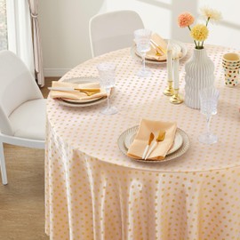 HommxJF Yellow Polka Dot Satin Round Table Cloth 90 x 90 Inches,Yellow Round Tablecloth Stain Resistant Wrinkle Free Silkly Soft Table Cloths for Dining Room, Indoor and Outdoor Use