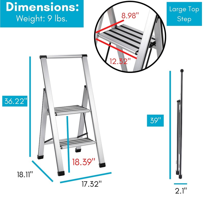 BIRDROCK HOME 2 Step Ladder | Folding Anti-Slip Step Stool,