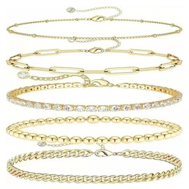 GETJOY 5 PCS Gold Bangle for Women, Gold Bangle, Chunky Gold Bracelet, Gold Bangles, Women's Gold Bracelet Cuff Bracelet Set, Adjustable Stacking Bracelet Bangle Set, Dainty Style Bracelet Set