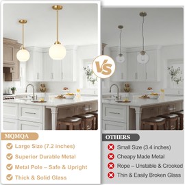 Modern Gold Pendant Lights Kitchen Island (7.2-Inch, 2 Pack), Mid Century Globe Milk Glass Pendant Light Fixtures, Brass Hanging Island Lights for Kitchen Island Dining Room (Bulbs not Included)