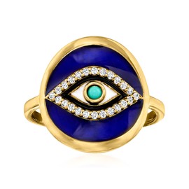 Ross-Simons 0.10 ct. t.w. White Topaz and Multicolored Enamel Evil Eye Ring With Turquoise in 18kt Gold Over Sterling. Size 8