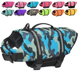 Doglay Chaleco salvavidas para perro, chaleco salvavidas para perros con rayas reflectantes, ajustable, con traje de baño de alta flotabilidad, para perros pequeños, medianos y grandes (XXS pequeño, camuflaje azul)