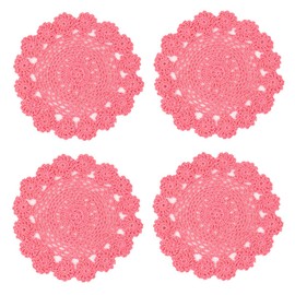 kilofly Crochet Cotton Lace Table Placemats Doilies Pack, 4pc, Pink, 7 inch