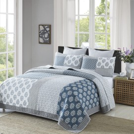 KALOOLA Blue King Size Quilt, 100% Cotton Lightweight Bedspreads Coverlet King Size, Farmhouse Floral Patchwork Quilt Bedding Set, Reversible Summer King Quilt for All Season, 3 Pieces