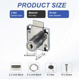 MECCANIXITY Drawer Lock with Keys, Alloy Cabinet Drawer Lock 7/8" Length 3/4" Dia Cylinder Cam Desk Locks Keyed Different for File Drawer RV Storage Replacement, Silver Pack of 2