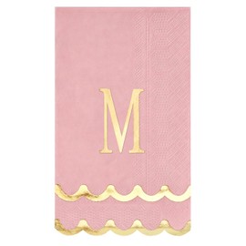 50 Pcs Scalloped Disposable Hand Towels Monogrammed Decorative Paper Napkins Pink and Gold Initial Guest Towels for Dinner Bathroom Party Supplies (M)