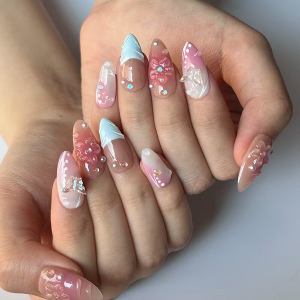 Handmade Press on Nails Medium Almond Fake Nails Blue French