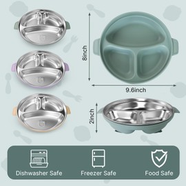TAOceeXI Stainless Steel Toddler Plates with Suction | Non-Slip Divided Baby Plates BPA Free & Non Toxic | Detachable Silicone Base| Dishwasher Safe | Unbreakable Kids Dinnerware 3-Pack