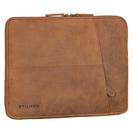 STILORD 'Cannes' Slim Real Leather Laptop Bag 15.6 Inch & 10.1 Inch Tablet Padded Briefcase Computer Sleeve Business Case for Men & Women Satchel Work University, Colour:tan - dark brown