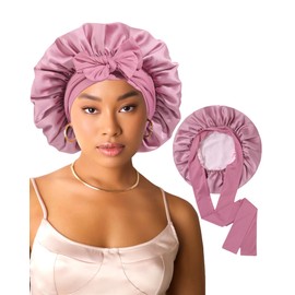 AWAYTR Women Satin Bonnet for Sleeping - Double Layer Silk Hair Bonnet with Elastic Tie Band for Braids Curly Hair(Bean paste+Pink)