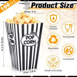 Xinnun 100 Pack Popcorn Boxes Classic Black White Stripe Paper Popcorn Buckets Disposable Oil Proof Container Vintage Retro Open Top Holders for Movie Night Supply Theater Carnival Party