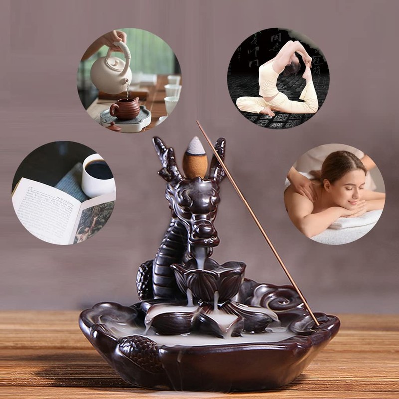 Dragon Incense Waterfall Burner Ceramic Backflow Incense Holder Set with