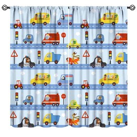 Kids Cartoon Cars Curtains, Colorful Transportation Car Bus Truck Taxi Traffic Light Blue Print Window Treatments for Living Room Boys Bedroom, 42x45in （No Blackout）