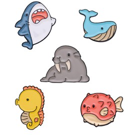 5Pcs Sea Animal Brooches Pin Seahorse Globefish Walrus Whale Shark Lapel Brooch Cartoon Cute Sea Animal Badge Brooch for Women Men Birthday Jewelry