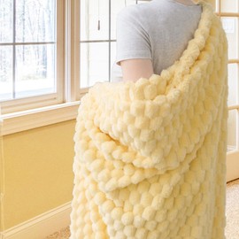 Vessia Flannel Fleece Throw Blanket(60x80inch), 3D Jacquard Light Yellow Fuzzy and Warm Blanket for Couch, Sofa, Bed, 300GSM Super Soft Touch Cozy Light Yellow Twin Blanket for All-Season Home Decor