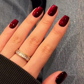 KQueenest Cat Eye Dark Red Press on Nails Short, 30 Pcs Press on Nails Square, Sparkly Chrome Black Fake Nails Press on Short, Reusable Soft Gel Glue on Nails for Women Birthday Party, Small Sizes