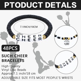 yesaior 48 Pcs Cheerleader Gifts for Cheer Clay Beaded Bracelets Stackable Friendship Bracelets Heishi Surfer Bracelets Cheer Team Gifts for Cheerleaders (black)