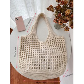 SOLY HUX Women's Crochet Hollow Out Tote Bag Large Capacity Shopping Bag Woven Lightweight Bag Beige Small