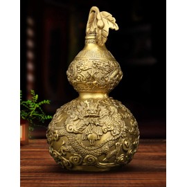 Feng Shui Brass Good Luck Gourd (Wu Lou/ Hu Lu) with Dragon Pattern Statue + Free Set of 10 Lucky Charm Ancient Coins on Red String, Chinese Charm of Prosperity Home Decoration Gift,Feng Shui Decor