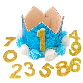 Rimobul Pet Crown Hat Dog Birthday Reusable Birthday Party Crown for Boy Cat Doggie Headband Hats with 0-9 Figures Charms Pet Gift Grooming Accessories with Glue Dots Pack of 1(Blue)