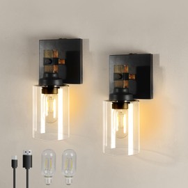 Floresita Battery Operated Wall Sconce 2-Pack Farmhouse Rechargeable Wall Lamp Set of Two No Wired Required, Easy Install Cordless for Bedroom Bathroom Livingroom