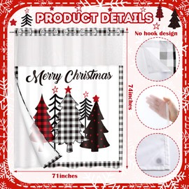 FuWeave No Hook Christmas Shower Curtain, Double Layer Farmhouse Christmas Tree Shower Curtain with Snap in Liner Buffalo Plaid Xmas Tree Shower Curtain for Bathroom Hotel Decor, 71" x 74"