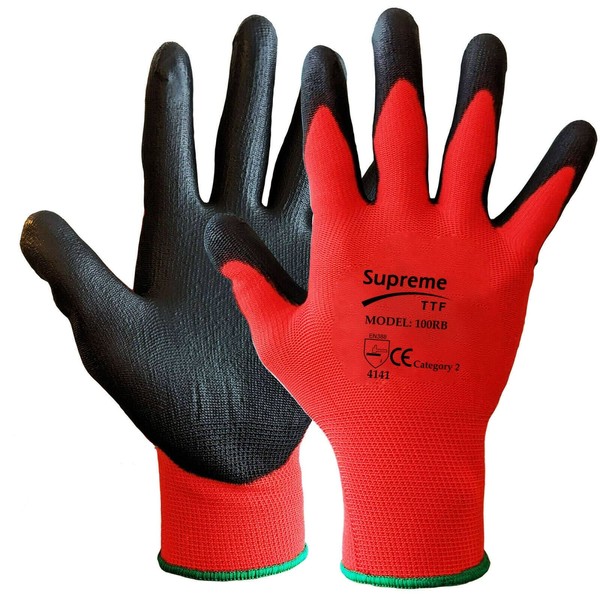 SupremeTTF 24 Pairs PU Coated Red Black Nylon Work Gloves.