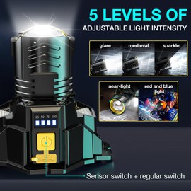 Rechargeable Sensor-Control Headlamp for Adults – Super Bright Head Lights for Forehead with Zoomable Beam & 5 Modes, Waterproof Camping Headlamps for Hiking, Running, Emergency (Type-C Charging)