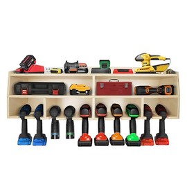 Pro-Lift Cordless Drill Organizer – wall mount power tool storage rack, 10 hanging slots, wooden M-005W